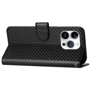iPhone 15 Pro Premium Wallet-etui med rem - kulfiberstruktur - kulsort