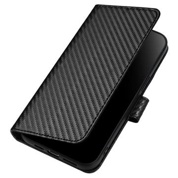 iPhone 15 Pro Premium Wallet-etui med rem - kulfiberstruktur - kulsort