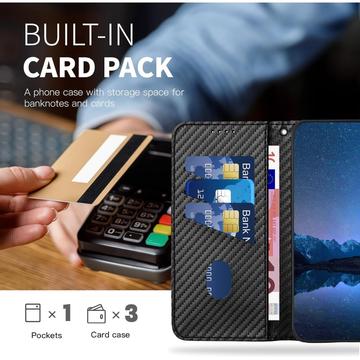 iPhone 15 Pro Premium Wallet-etui med rem - kulfiberstruktur - kulsort