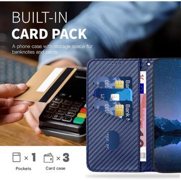iPhone 15 Pro Premium Wallet-etui med rem - kulfiberstruktur - Kulstofblå