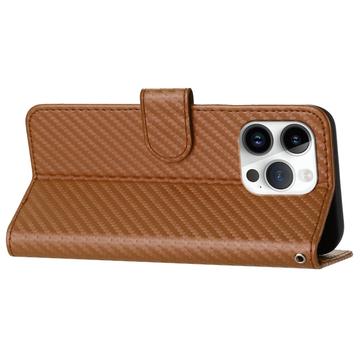 iPhone 15 Pro Premium Wallet-etui med rem - kulfiberstruktur - Kulstofkaffe