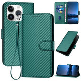 iPhone 15 Pro Premium Wallet-etui med rem - kulfiberstruktur - Kulstofgrøn