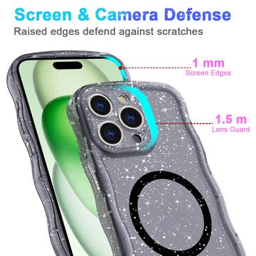 iPhone 15 Pro Wave-Edge Laser Glitter MagSafe Cover - Gennemsigtig sort