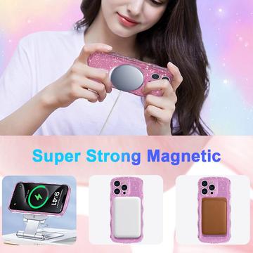 iPhone 15 Pro Wave-Edge Laser Glitter MagSafe Cover - Gennemsigtig pink