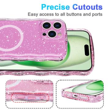 iPhone 15 Pro Wave-Edge Laser Glitter MagSafe Cover - Gennemsigtig pink