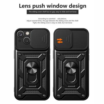 iPhone 15 Roterende Ring Hybrid Cover med Kameraskjold - Sort