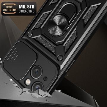 iPhone 15 Roterende Ring Hybrid Cover med Kameraskjold - Sort