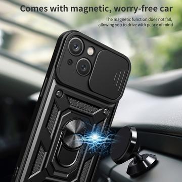 iPhone 15 Roterende Ring Hybrid Cover med Kameraskjold - Sort