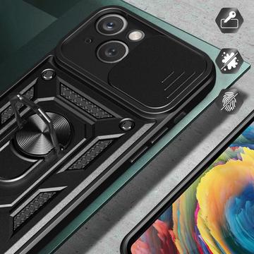 iPhone 15 Roterende Ring Hybrid Cover med Kameraskjold - Sort