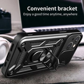 iPhone 15 Roterende Ring Hybrid Cover med Kameraskjold - Sort