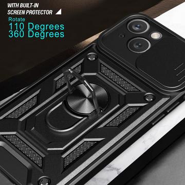 iPhone 15 Roterende Ring Hybrid Cover med Kameraskjold - Sort