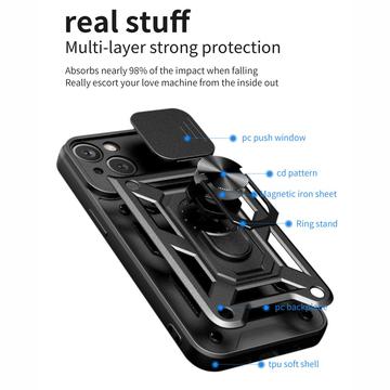 iPhone 15 Roterende Ring Hybrid Cover med Kameraskjold - Sort