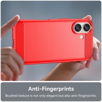 iPhone 16 Børstet TPU Cover - Karbonfiber - Rød
