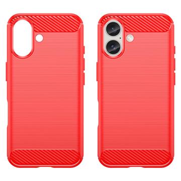 iPhone 16 Børstet TPU Cover - Karbonfiber - Rød