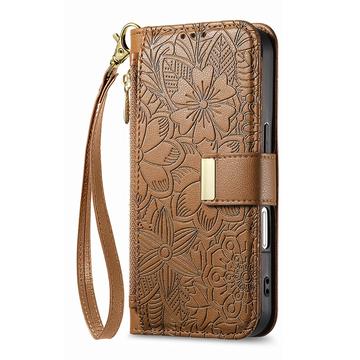 iPhone 16 Pungetui med blomster- og bladmønster med lynlåslomme og håndledsrem - Brun