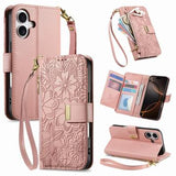 iPhone 16 Pungetui med blomster- og bladmønster med lynlåslomme og håndledsrem - Pink