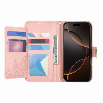 iPhone 16 Pungetui med blomster- og bladmønster med lynlåslomme og håndledsrem - Pink