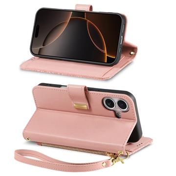 iPhone 16 Pungetui med blomster- og bladmønster med lynlåslomme og håndledsrem - Pink