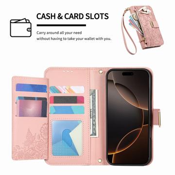 iPhone 16 Pungetui med blomster- og bladmønster med lynlåslomme og håndledsrem - Pink