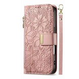 iPhone 16 Pungetui med blomster- og bladmønster med lynlåslomme og håndledsrem - Pink