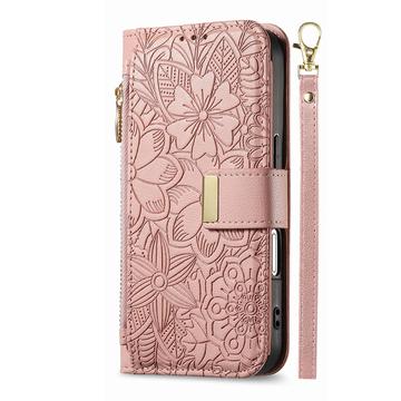 iPhone 16 Pungetui med blomster- og bladmønster med lynlåslomme og håndledsrem - Pink