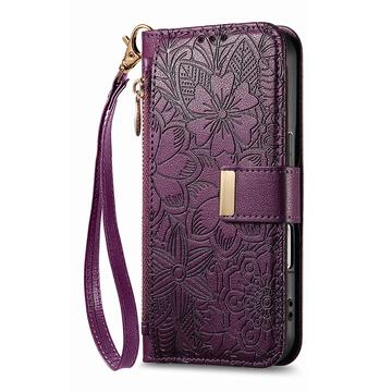 iPhone 16 Pungetui med blomster- og bladmønster med lynlåslomme og håndledsrem - Lilla