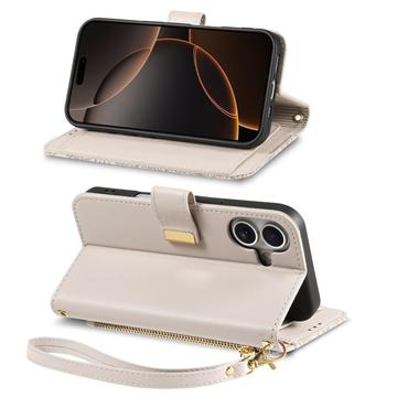 iPhone 16 Pungetui med blomster- og bladmønster med lynlåslomme og håndledsrem - hvid