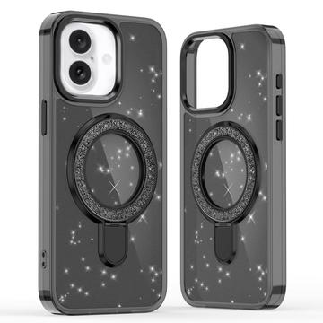 iPhone 16 Glitter Hybrid cover med kickstand - MagSafe-kompatibel - Sort