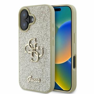 iPhone 16 Guess Fixed Glitter 4G Metal Logo Cover - Guld