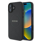 iPhone 16 Guess Grained Classic Logo Hybrid Cover - MagSafe-kompatibel - Sort