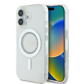 iPhone 16 Guess IML Rhinestones Ring Cover - MagSafe-kompatibel - Hvid