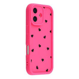 iPhone 16 stødsikkert TPU-cover med hjertemønster og forhøjede kanter - Hot Pink