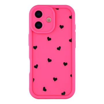 iPhone 16 stødsikkert TPU-cover med hjertemønster og forhøjede kanter - Hot Pink