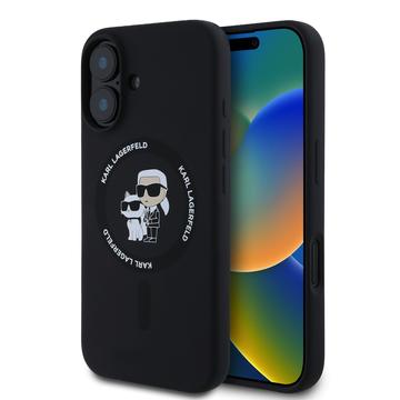 iPhone 16 Karl Lagerfeld Karl and Choupette MagSafe Cover i flydende silikone - Sort