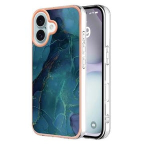 iPhone 16 Marmormønster Galvaniseret IMD TPU Cover - Grøn
