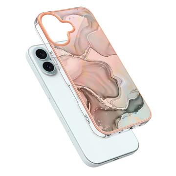 iPhone 16 Marmormønster Galvaniseret IMD TPU Cover - Pink