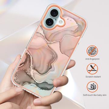 iPhone 16 Marmormønster Galvaniseret IMD TPU Cover - Pink