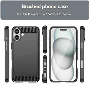 iPhone 16 Plus Børstet TPU Cover - Karbonfiber - Sort