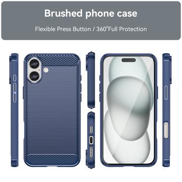 iPhone 16 Plus Børstet TPU Cover - Karbonfiber - Blå