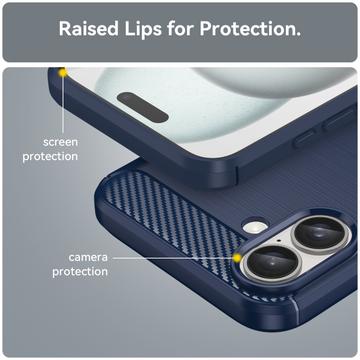 iPhone 16 Plus Børstet TPU Cover - Karbonfiber - Blå
