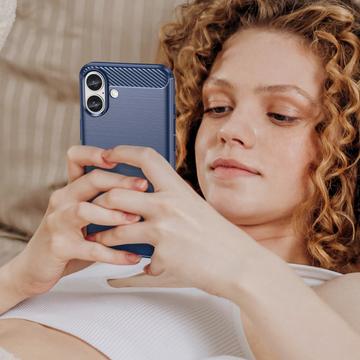 iPhone 16 Plus Børstet TPU Cover - Karbonfiber - Blå