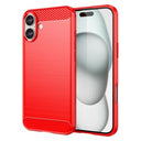 iPhone 16 Plus Børstet TPU Cover - Karbonfiber - Rød