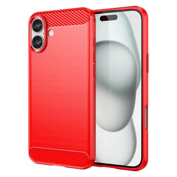 iPhone 16 Plus Børstet TPU Cover - Karbonfiber - Rød