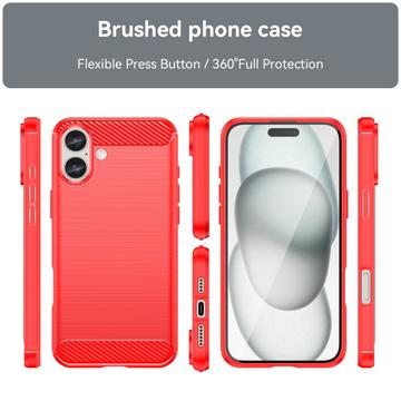 iPhone 16 Plus Børstet TPU Cover - Karbonfiber - Rød