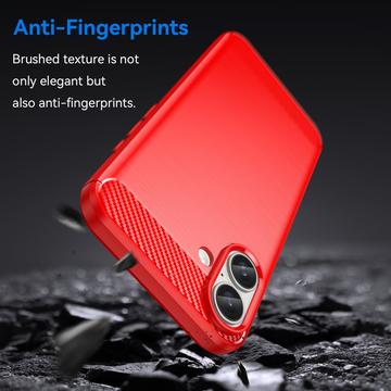 iPhone 16 Plus Børstet TPU Cover - Karbonfiber - Rød