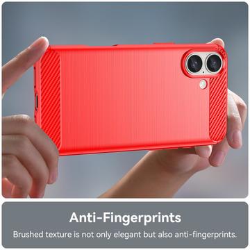 iPhone 16 Plus Børstet TPU Cover - Karbonfiber - Rød