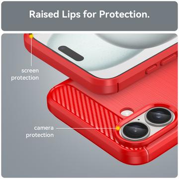 iPhone 16 Plus Børstet TPU Cover - Karbonfiber - Rød