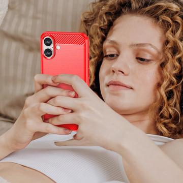 iPhone 16 Plus Børstet TPU Cover - Karbonfiber - Rød