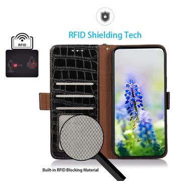 iPhone 16 Plus Crocodile Series Læderpung med RFID - Sort