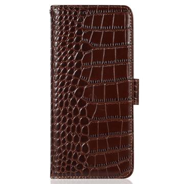 iPhone 16 Plus Crocodile Series Læderpung med RFID - Brun